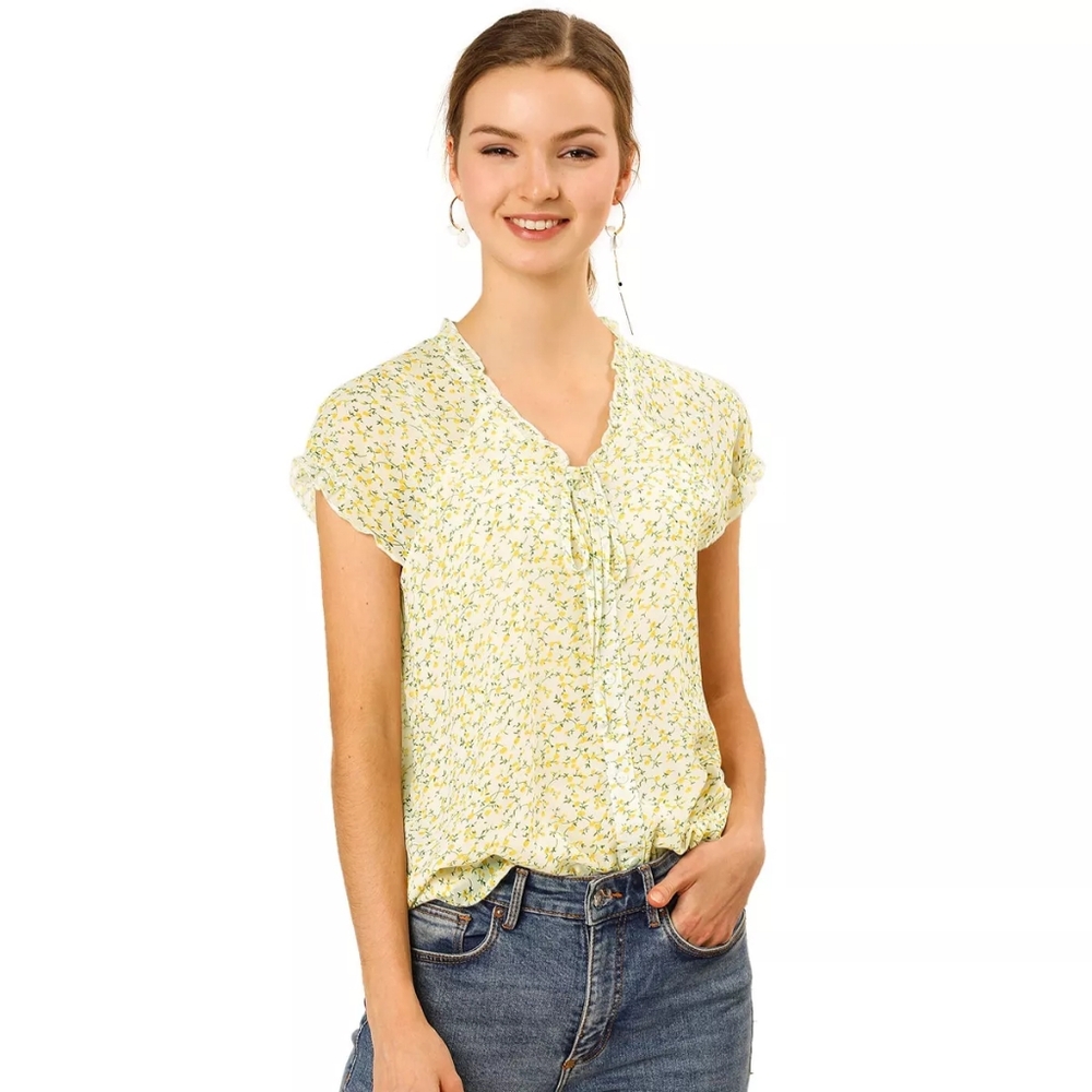 Allegra K Yellow Floral Short Sleeved Chiffon Top Size M